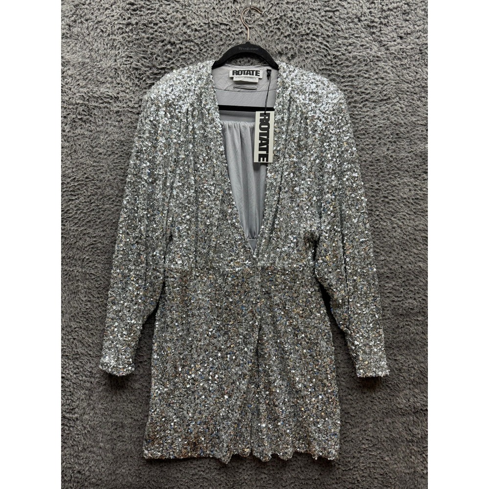 NWT Rotate Birger Christensen Samantha Sequin Wrap Mini Dress Silver Womens 8 US